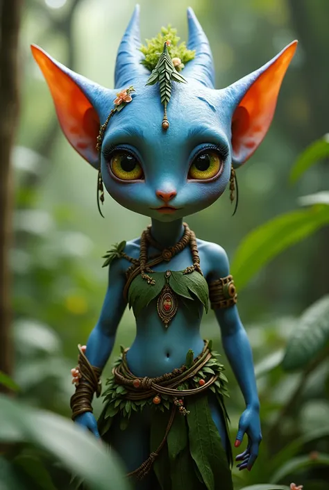  na&#39;vi adorable looking woman, with small ears , delicate body , big hips and nice legs, of a tender face, big eyes, rounded face and cute cheeks; with tribal clothing made with leaves and flowers, cat nose 