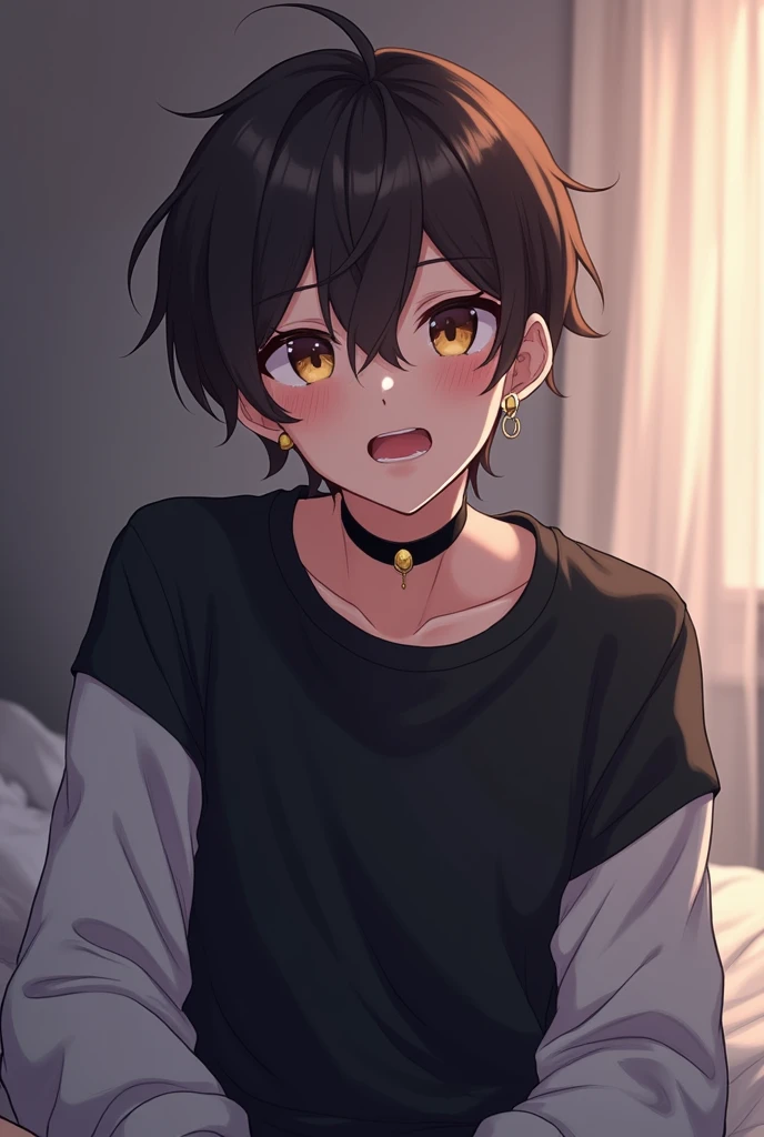 adolescent male, pale, Dark brown hair, dark brown eyes, black sweatshirt with white sleeves, Black choker, bullion earring, Anime style. The boy is sitting on his bed looking up blushing as he moans