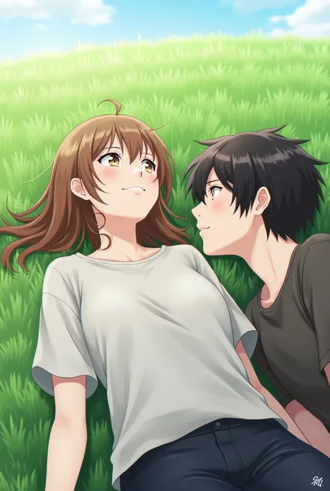 A couple of teenagers lying on their backs on the grass, the girl looking at the sky while smiling while the boy looks at her. The brown haired girl and the black haired boy. As for the eyes, the same color as her hair. realistic, extended image