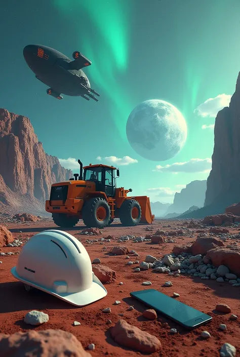 In the background, a construction site on the planet Mars is a loader loading land., a white construction helmet fallen on the floor and some projects and a cell phone fallen on the floor and the aurora bueral climate and the earth with strong ice and a bl...