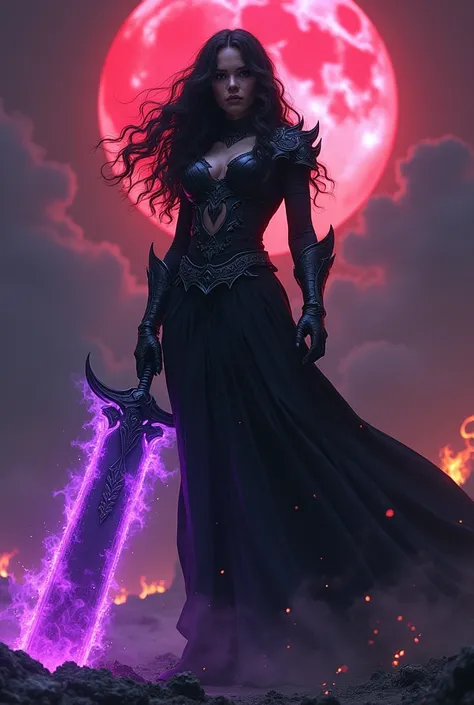 League of Legends style art of a black haired woman, long and curly, wearing a dark and somber outfit, with red tones. large sword with violet flames around the sword and an apocalyptic scenario. 
A red moon in the background with golden rays