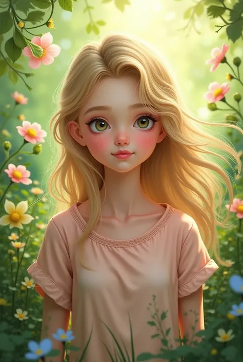 Girl with blonde hair, fair skin, with a nature background, a short-sleeved pink blouse showing only from the waist up, not very realistic drawing