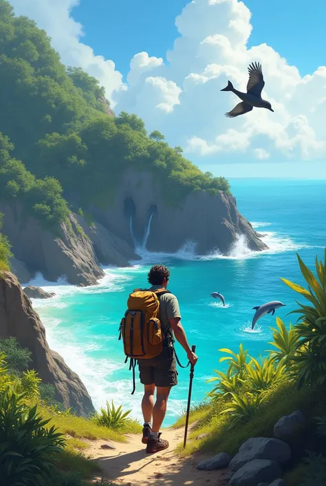 Create an image of a character with a backpack hiking near the sea on an island with dolphins and birds 