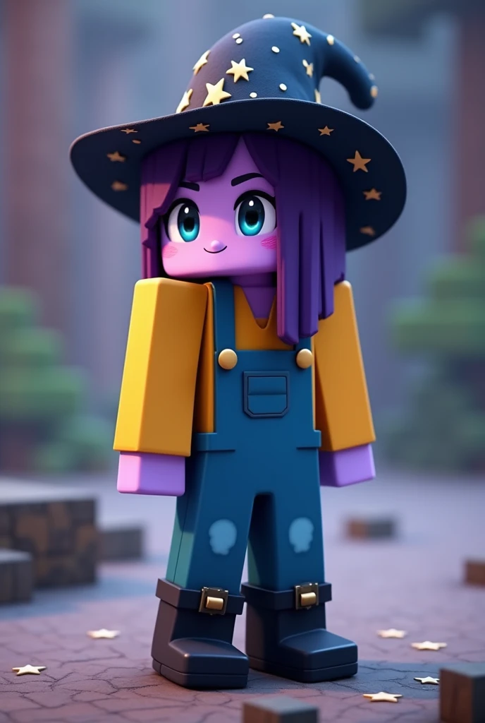 Crie uma skin de Minecraft que eu possa importar, with light purple skin, dark purple hair, Dark blue eyes, yellow shirt with blue overalls and black boots and witch hat with stars.