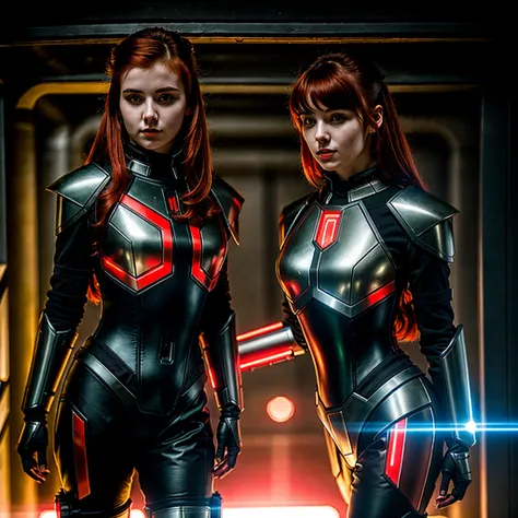 masterpiece, best quality, cute woman, sci-fi armor with black and red colors, glowing elements, redhair