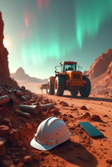 In the background, a construction site on the planet Mars is a loader loading land., a white construction helmet fallen on the floor and some projects and a cell phone fallen on the floor and the auroa bueral climate .