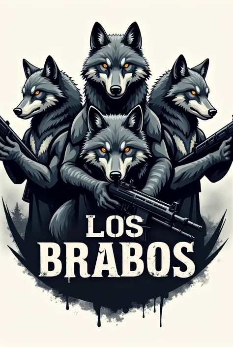 Create an image of 5 different wolves armed with different firearms as a rounded logo, written Los brabos in the image