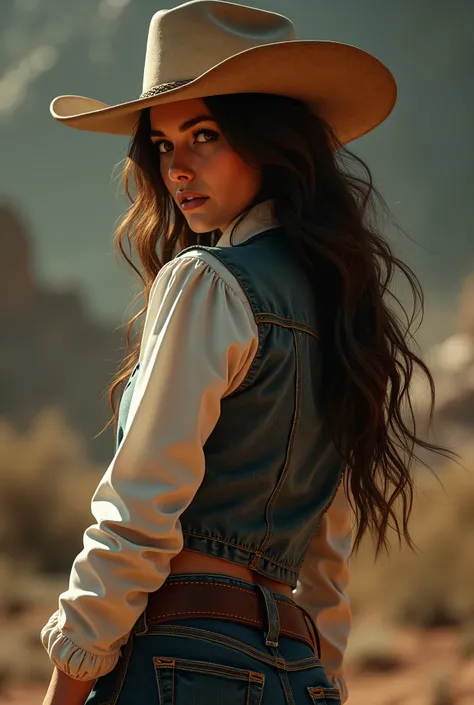 detailed portrait of a woman with long hair, cowgirl outfit, full body looking back, head tilted down, style of Giovanni Segantini, highly detailed, cinematic lighting, vibrant colors, photorealistic, 8k, best quality