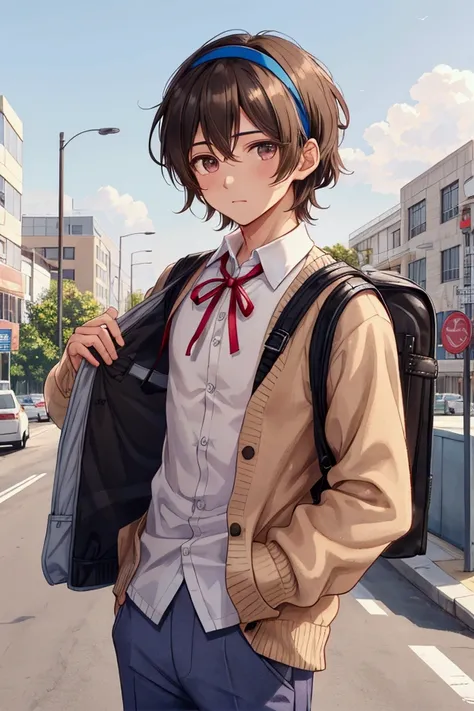 Adonis, Headband,brown cardigan, 연brown cardigan , Light blue pants ,Point light brown, Ribbon sky blue, 리본 Point light brown, white shirt, uniform, wind, beige, Covered head, Black hair, Permed hair, Web show, school, personality,Contribution, Web show처럼,...