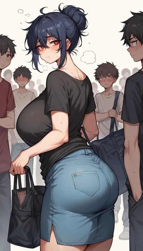 MILF, huge tits, thick thighs, black messy bun hair, dim eyes, tired red eye, blushing softly, oversized black t-shirt, covered in sweat, holding a bag of grocerys, on the bus, a young guy standing behind her, young is trying to put his cock inside her ass...