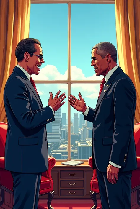 Tge Gouveneur  of los santos with tge President of USA in GTa 5 an Comic Style