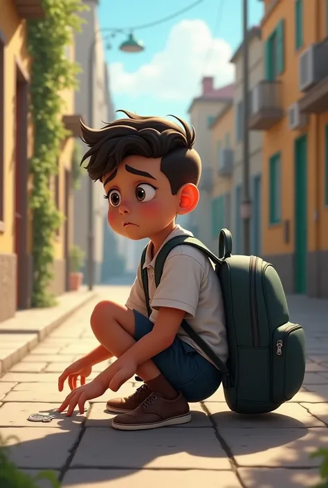 "Create an image of João, a young boy around , sitting on the sidewalk, looking worried. He is wearing a school uniform, and his backpack is open beside him as he searches for his house key. The sunny afternoon casts shadows around him, and the street is q...