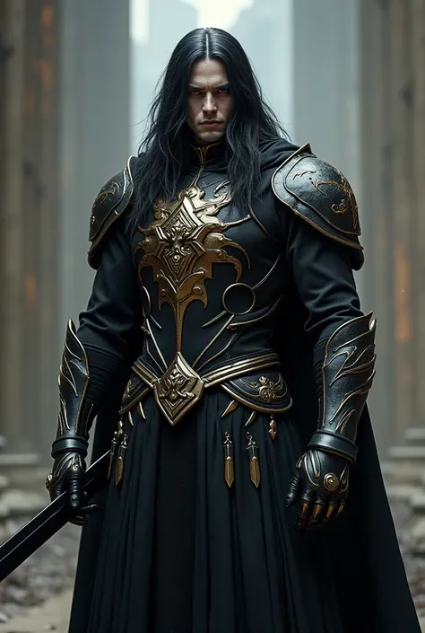 Great Warrior Solomon Jack, long black hair with white tips. dark gray skin. red eyes. Black outfit with gold metallic breastplate. On the back a long thin black sword made of carbon fiber ornamented with gold. He has 1,80 meters, human race.
A large scar ...