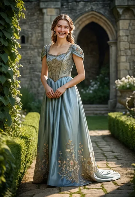 medieval woman, in a long dress down to the ankles, ornate dress, in the garden of a castle smiling little smile, shy smile, femininity, pumps, face focused, sharp focus, detailed textures, Natural and realistic skin texture, volumetric lighting