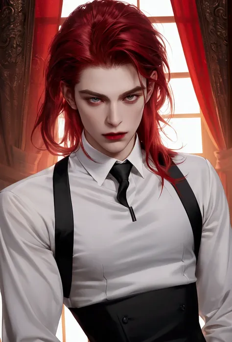 ((Best quality)), ((masterpiece)), 8k (detailed), ((perfect face)), ((halfbody)), ((perfect body)) perfect proporcions, He is a handsome vampire, messy shoulder length red hair, he has pointed ears, white pale skin, He wears a tight black polo shirt with l...