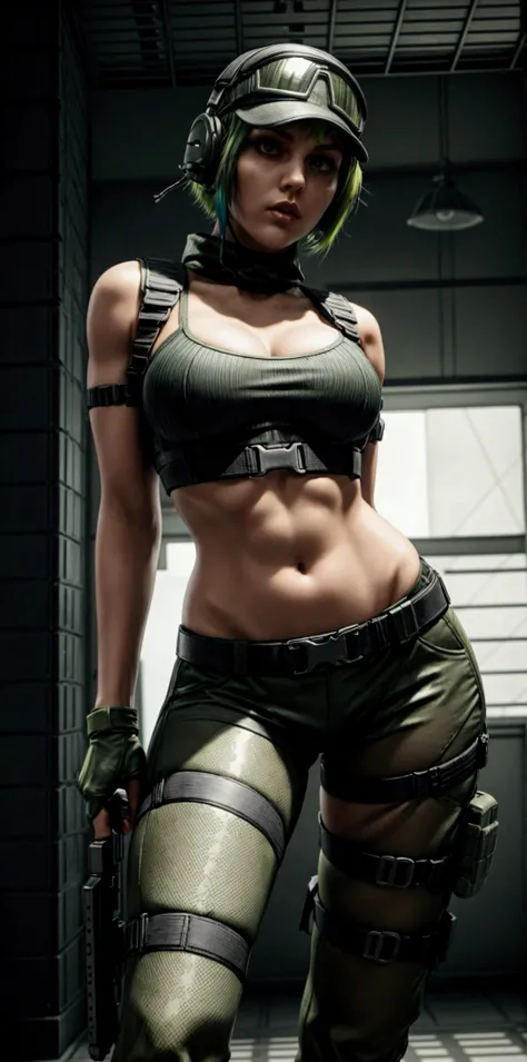 ela rainbow six siege, green short hair, cap, tactical headphones, belts, straps, tight black cloth, sexy pose, thin narrow waist, big sexy breasts, yoga military microshorts, googles, tactical gloves, headset, shirt