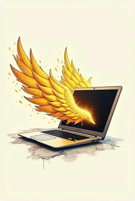 Create a non-realistic looking drawn logo of a laptop with golden wings coming out of the sides 