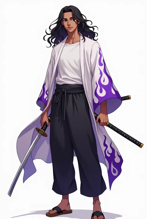 a young man with brown skin,
brown eyes,
long black hair loose and curly He wears a white kimono with purple flames, with a white t-shirt underneath, a pair of basic black pants and a pair of wooden Japanese slippers, with a neutral expression and two anim...