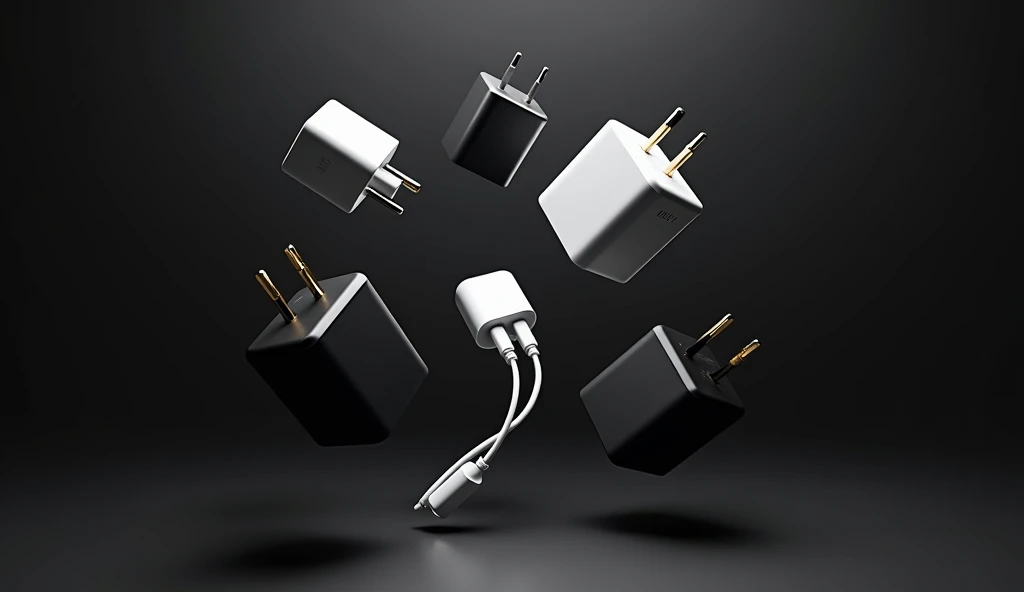 phone chargers and cables arranged in a dynamic layout as if they are floating or layered in a 3D space, giving a sense of depth and movement. Use a dark, sleek background. The design should feel modern and energetic, with black and white colors. The compo...