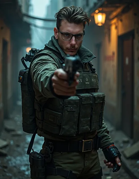 mercenary using a beretta 92 pistol, sharp focus