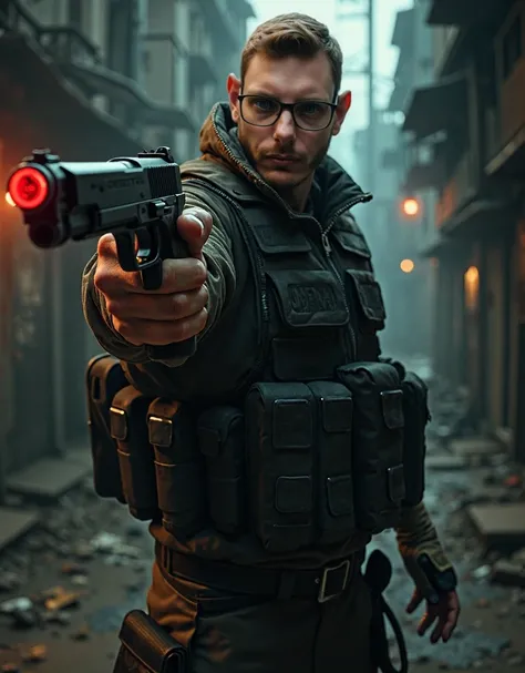 mercenary using a beretta 92 pistol, sharp focus