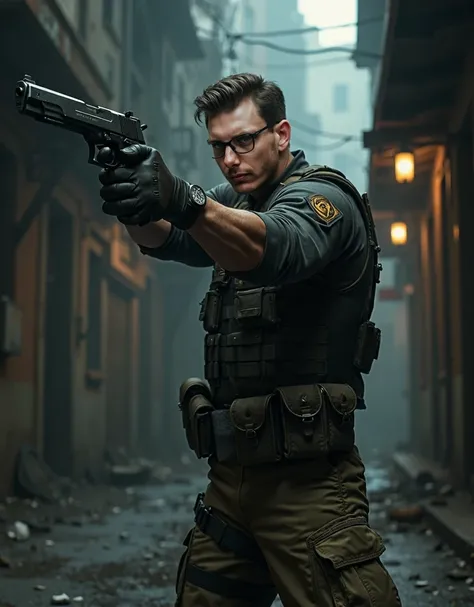 mercenary using a beretta 92 pistol, sharp focus