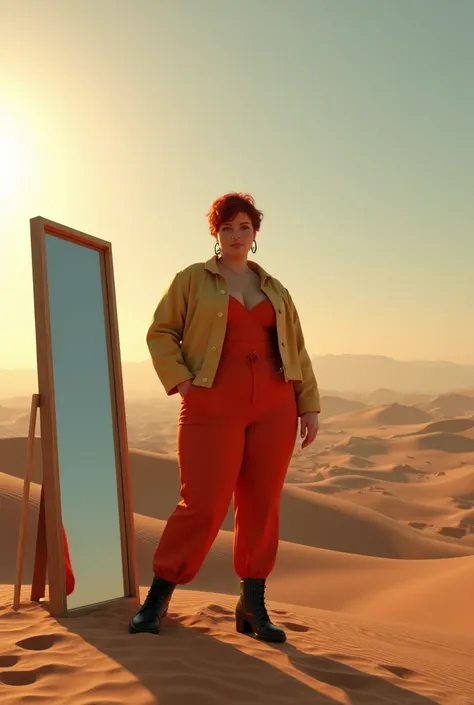 A young plus size model;  short red hair; wearing items from the autumn/winter 2024 collection; standing on top of a dune.  In front of her, a huge glass window stands upright, half buried in the sand and a large mirror next to it, where the model looks at...