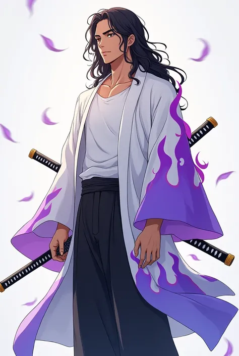 a young man with brown skin,
brown eyes,
long black hair loose and curly He wears a white kimono with purple flames, with a white t-shirt underneath, a pair of basic black pants and a pair of wooden Japanese slippers, with a neutral expression and holding ...