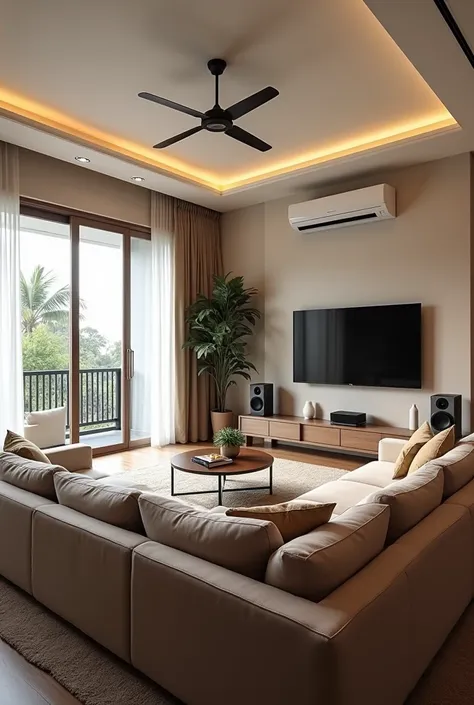 A drawing room.with sofa in 3 side. A big size tv.a airconditioner on wall.a fan.a balcony.a speaker 