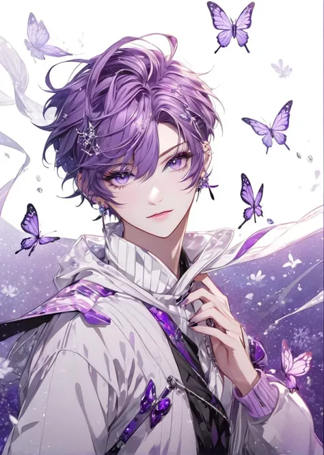 The character Teen Boy and stylized appearance, with short purple hair and a slightly falling fringe in the front, adorned with white details resembling crystals or shimmering strands. Their large, purple eyes are emphasized by intricate makeup in shades o...