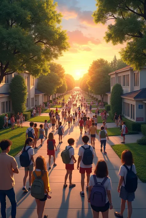 a crowd of students, a suburban neighborhood at sunrise, birds chirping, gentle breeze, trees lining the street, detailed landscape, vibrant colors, warm lighting, photorealistic, ultra-detailed, 8k, masterpiece
