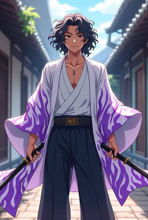 a young man with brown skin,
brown eyes,
long black hair loose and curly He wears a white kimono with purple flames, with a white t-shirt underneath, a pair of basic black pants and a pair of wooden Japanese slippers, with a neutral expression and holding ...