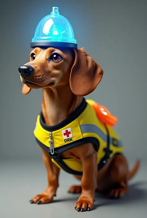 Create a picture of a wire-haired dachshund with a blue light siren on his head and a rescue vest from the DRK  