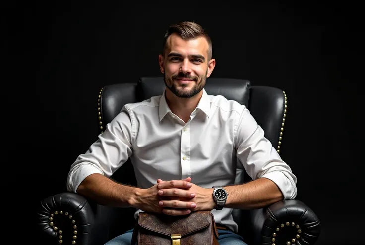 realistic photo of russian man , age 24 years, ROLEX watch on hand, in a solid white shirt, professional photo, studio light, black background, beautiful smile, haircut shaved with clippers, haircut short like in the army, the bang line is straight, busine...