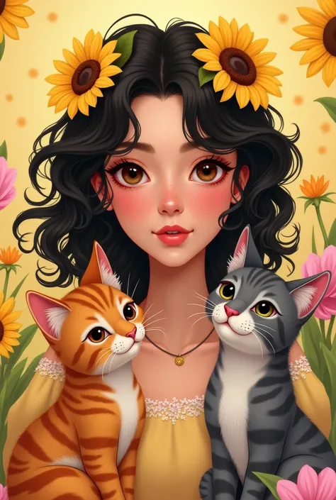 Disney type a brunette woman with medium tousled curly black hair with sunflowers in her hair, with brown eyes, mole on the right cheek near the cheekbone, with two cats, one baby orange and one gray with fat stripes with a yellow and pink background