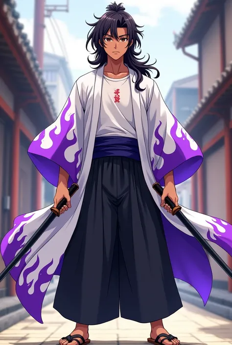 a young man with brown skin,
brown eyes,
long black hair loose and curly He wears a white kimono with purple flames, with a white t-shirt underneath, a pair of basic black pants and a pair of wooden Japanese slippers, with a neutral expression and holding ...