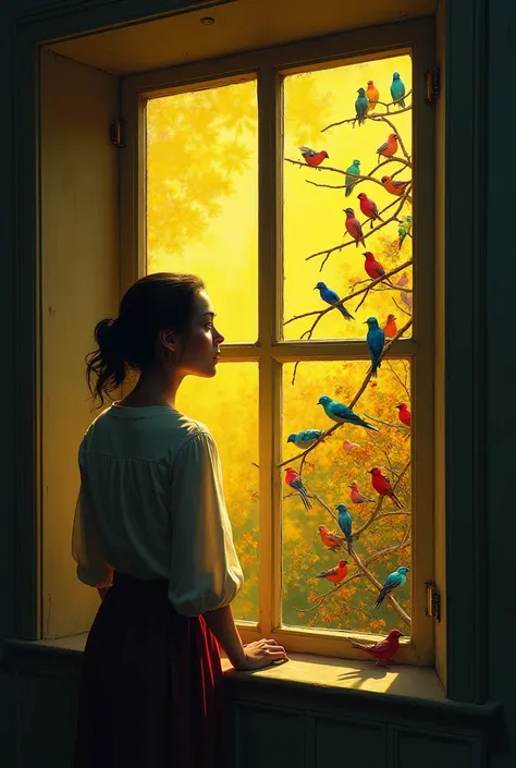 A woman looks out the window at a bunch of colorful birds, highlight that it is in an old house, dark yellow, woman bordering on realism , Realist art, absolute and fantastic realism, monet art style, TB highlight for woman bordering on human perfection, 8...