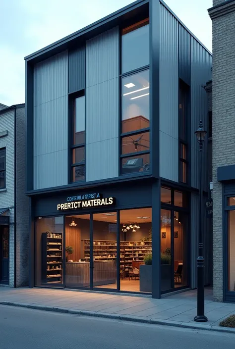 image of the facade of a construction and decoration materials store with various angles in shades of gray and blue 