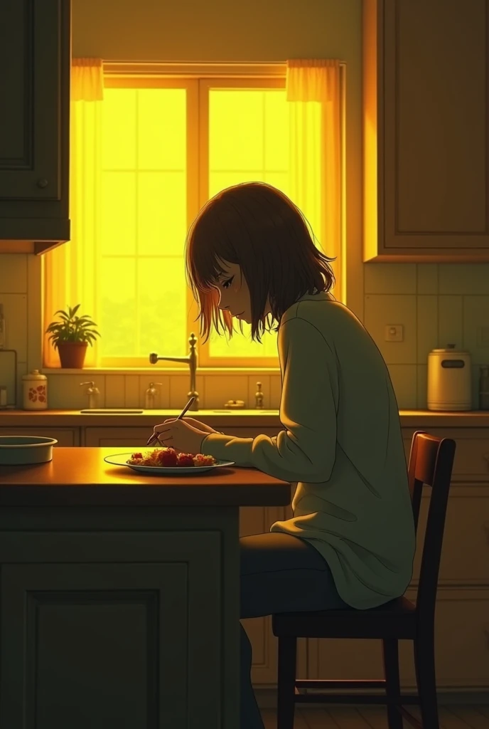 A middle class kitchen, head on, lights on with a sad atmosphere, without windows and with a yellow filter and on a counter where he is eating, head on.. showing face