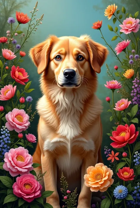 Image of a dog, no minimalist art line style,filled with colorful flowers 