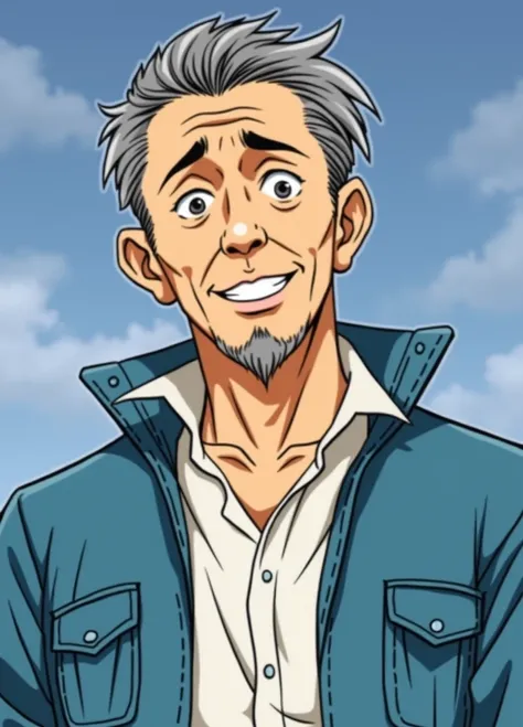 Kim Sang-Shik is an elderly man, gray hair, gray eyes and average height. Make it anime-style 