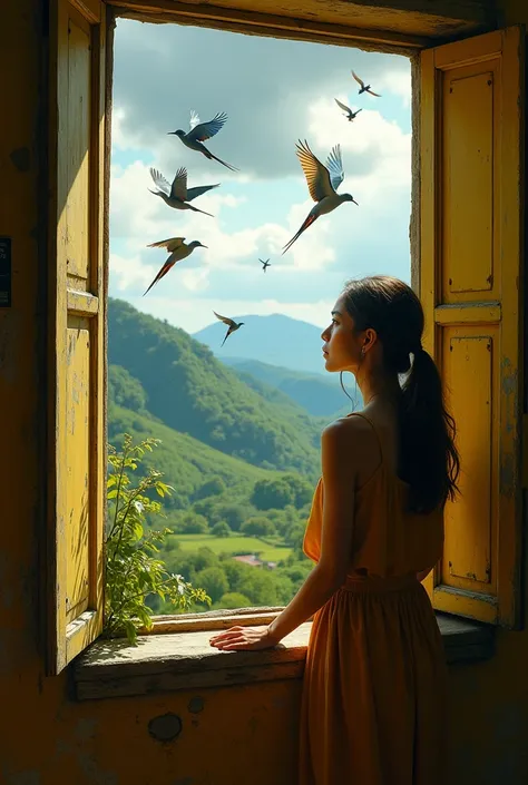 A woman looks out the window at a bunch of colorful birds, highlight that it is in an old house, dark yellow, woman bordering on realism , Realist art, absolute and fantastic realism, monet art style, TB highlight for woman bordering on human perfection, 8...