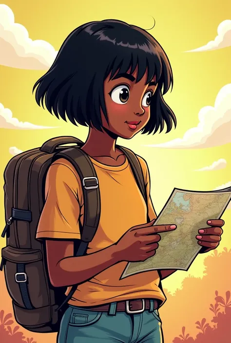 Create a young black character with short straight hair in a comic book style and a backpack on her back, and a map in his hand as if he were reading 