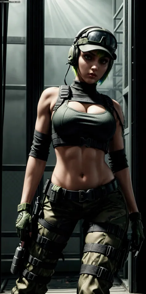 ela rainbow six siege, green short hair, cap, tactical headphones, belts, straps, tight black cloth, sexy pose, thin narrow waist, big sexy breasts, yoga military microshorts, googles, tactical gloves, headset, shirt