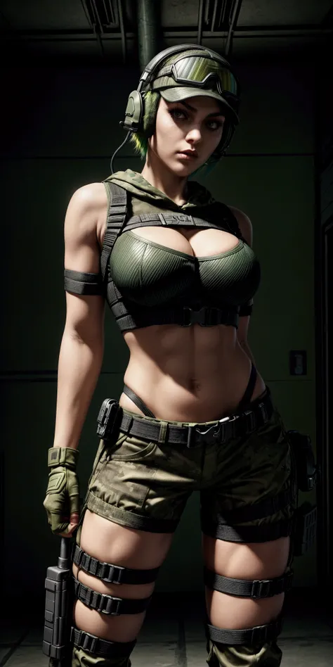 ela rainbow six siege, green short hair, cap, tactical headphones, belts, straps, tight black cloth, sexy pose, thin narrow waist, big sexy breasts, yoga military microshorts, googles, tactical gloves, headset, shirt