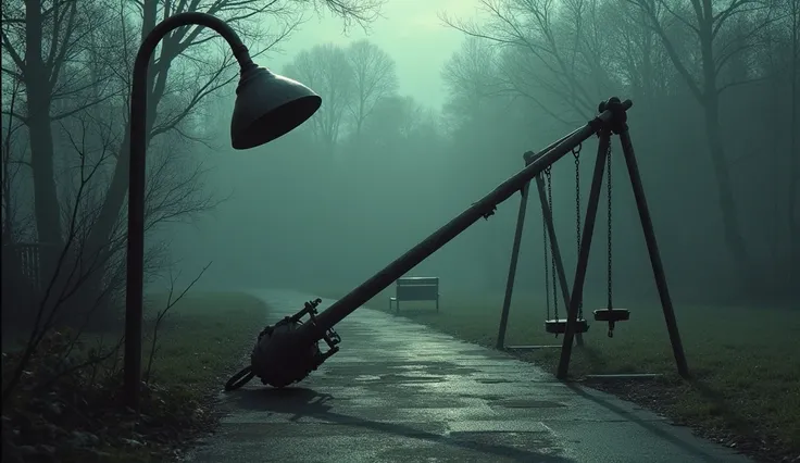 A broken lamp post on the ground, with an ominous shadow cast in the direction of the fall, and the empty swing in the background. atmosphere of fear and horror