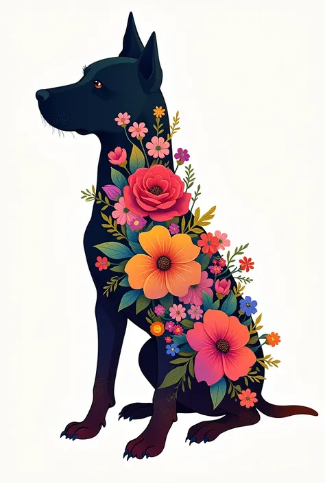 Silhouette of a dog, no minimalist art line style,filled with colorful flowers 