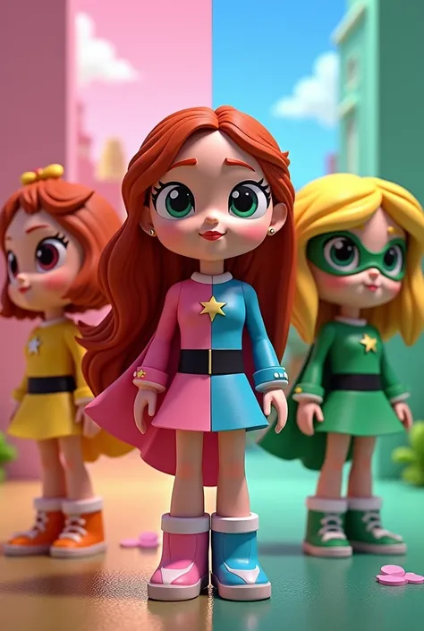 Create a 4K realistic 3D image of the Powerpuff Girls as adults. The characters should have realistic features such as detailed skin and natural hair. The background should be colorful and vibrant, reflecting the themes of each character: pink for Blossom,...