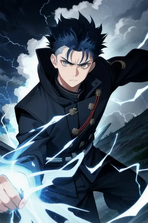  Teenager, 1boy, white eyes, spike hair, navy blue hair, serious look, forest, storm cloud, night, ronin outfit, 