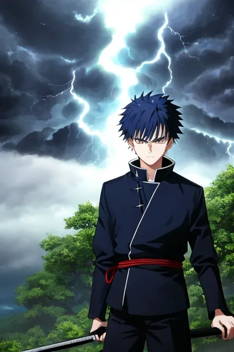  Teenager, 1boy, white eyes, spike hair, navy blue hair, serious look, forest, storm cloud, night, ronin outfit, 